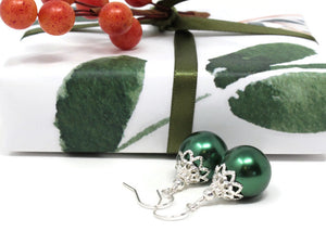 Green Christmas Ball Earrings 12mm