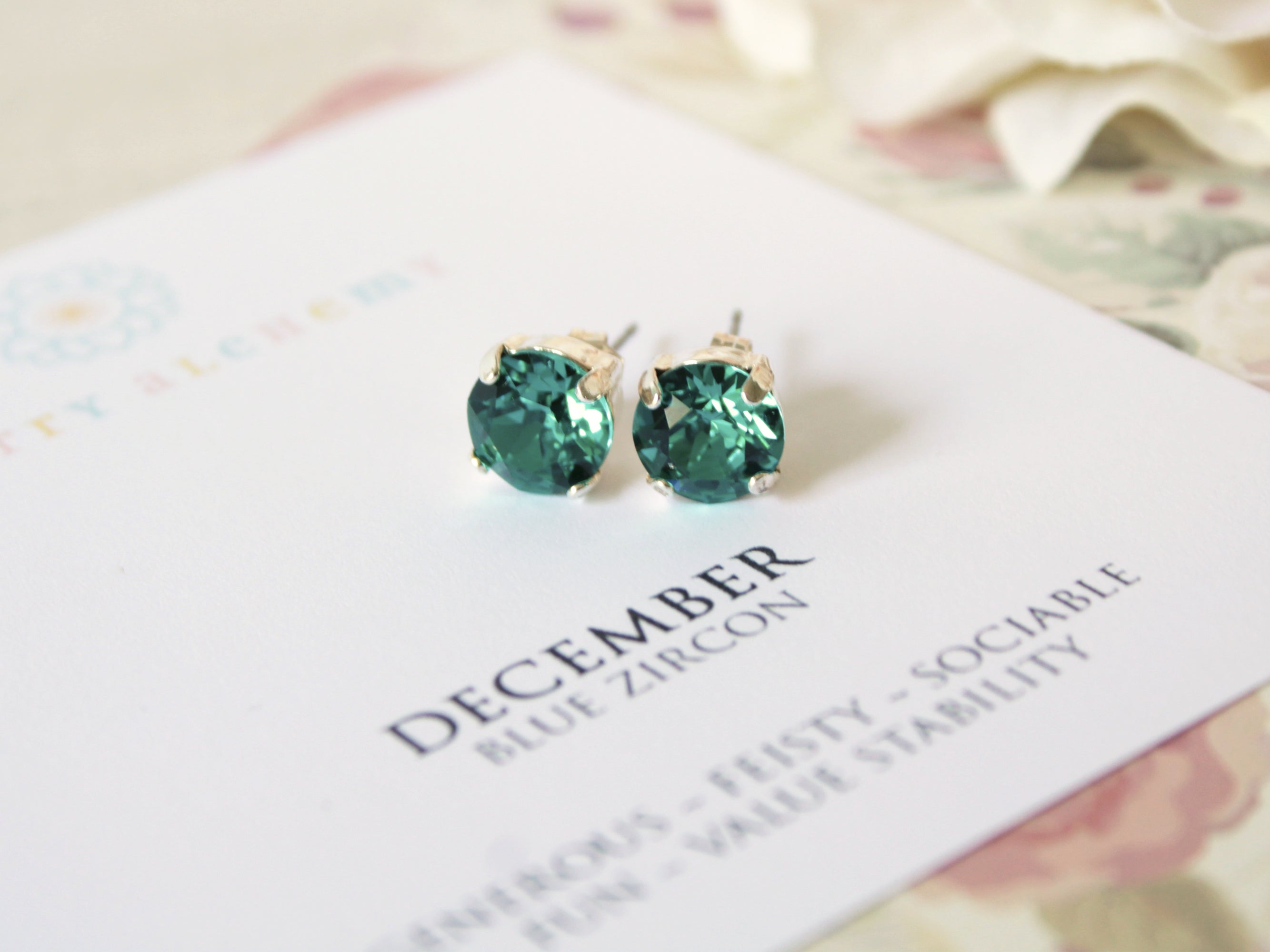 December Birthstone Stud Earrings in Blue Zircon
