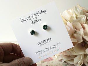 Happy Birthday December Birthstone Stud Earrings in Blue Zircon