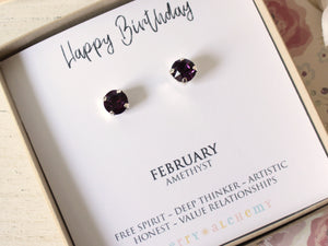 Happy Birthday February Birthstone Stud Earrings in Amethyst