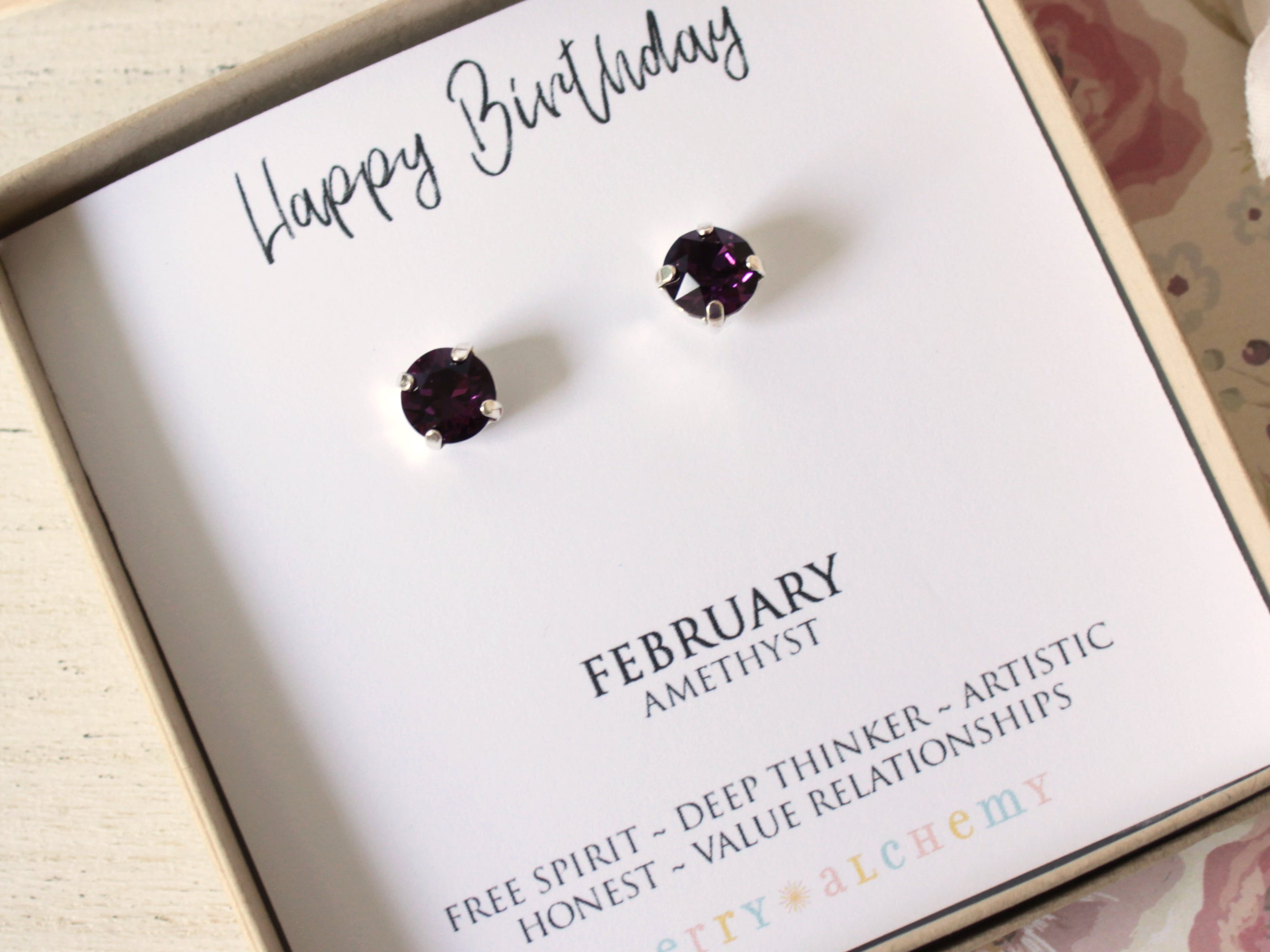 Happy Birthday February Birthstone Stud Earrings in Amethyst