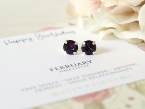 Happy Birthday February Birthstone Stud Earrings in Amethyst