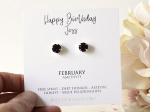 Happy Birthday February Birthstone Stud Earrings in Amethyst