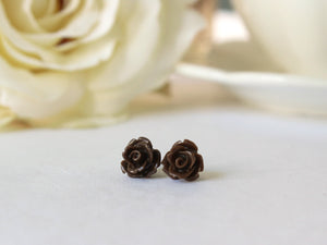 Single Bloom Rose Stud Earrings in Chocolate Brown