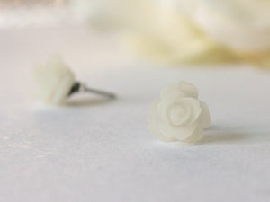 Single Bloom Rose Stud Earrings in Frosted White