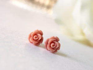 Single Bloom Rose Stud Earrings in Salmon Pink