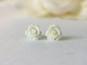 Single Bloom Rose Stud Earrings in White