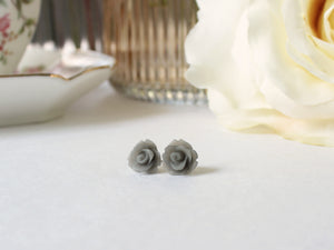 Single Bloom Rose Stud Earrings in Frosted Gray