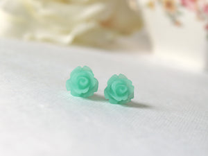 Single Bloom Rose Stud Earrings in Frosted Sea Foam