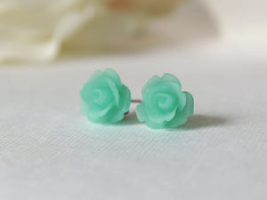 Single Bloom Rose Stud Earrings in Frosted Sea Foam