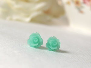 Single Bloom Rose Stud Earrings in Frosted Sea Foam