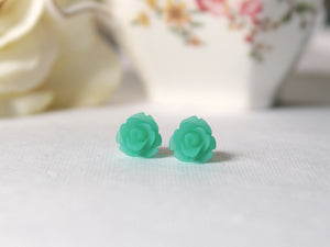 Single Bloom Rose Stud Earrings in Frosted Teal