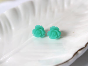 Single Bloom Rose Stud Earrings in Frosted Teal