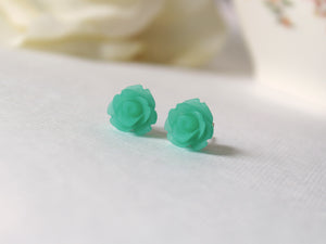 Single Bloom Rose Stud Earrings in Frosted Teal