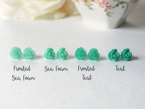 Single Bloom Rose Stud Earrings in Frosted Teal