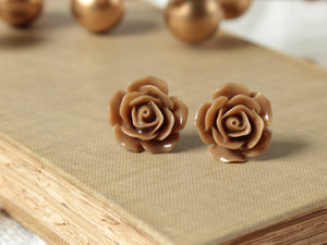 Large Mocha Brown Rose Earrings