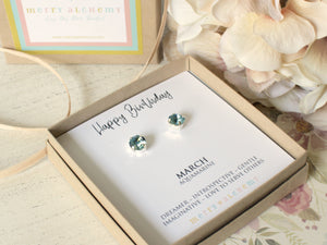 Happy Birthday March Birthstone Stud Earrings in Aquamarine