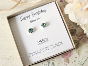 Happy Birthday March Birthstone Stud Earrings in Aquamarine