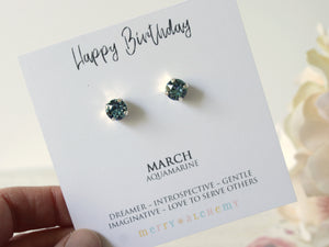 Happy Birthday March Birthstone Stud Earrings in Aquamarine