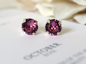 Happy Birthday October Birthstone Stud Earrings in Light Rose