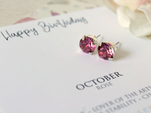 Happy Birthday October Birthstone Stud Earrings in Light Rose