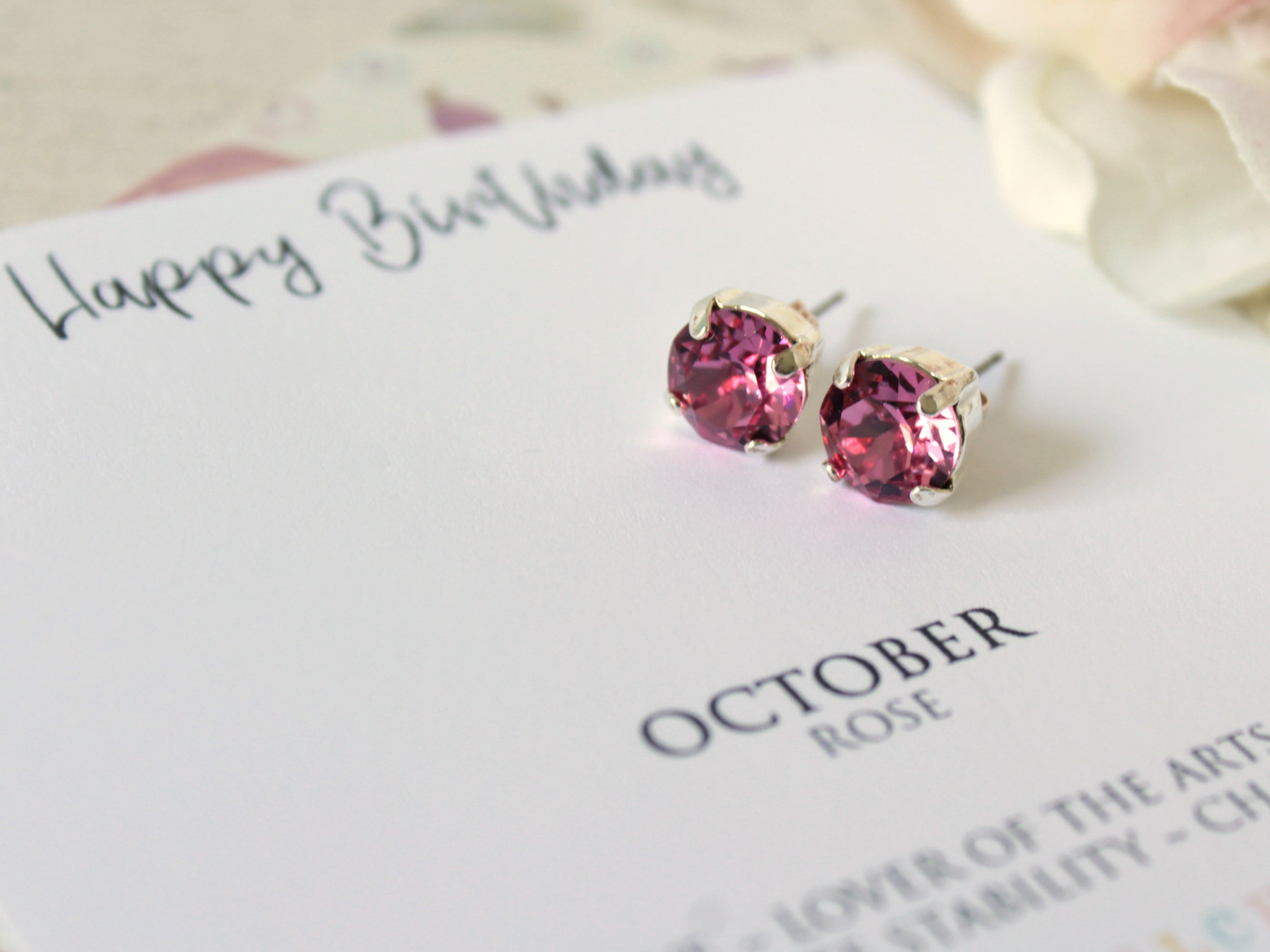 Happy Birthday October Birthstone Stud Earrings in Light Rose