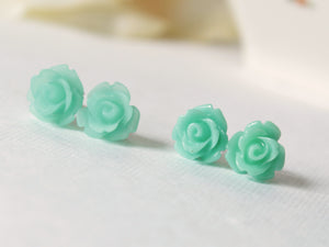 Single Bloom Rose Stud Earrings in Frosted Sea Foam