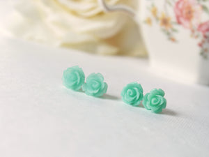 Single Bloom Rose Stud Earrings in Sea Foam