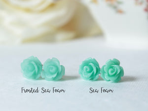 Single Bloom Rose Stud Earrings in Frosted Sea Foam