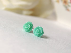 Single Bloom Rose Stud Earrings in Sea Foam