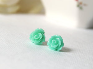 Single Bloom Rose Stud Earrings in Sea Foam