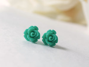 Single Bloom Rose Stud Earrings in Teal