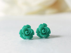 Single Bloom Rose Stud Earrings in Teal