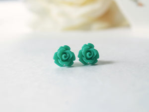 Single Bloom Rose Stud Earrings in Teal