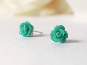 Single Bloom Rose Stud Earrings in Teal