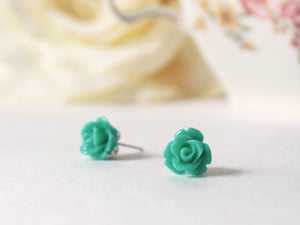 Single Bloom Rose Stud Earrings in Teal