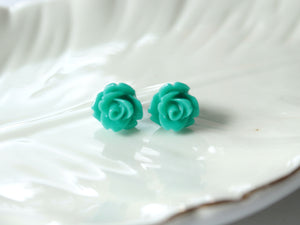 Single Bloom Rose Stud Earrings in Teal