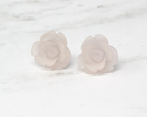 Single Bloom Rose Stud Earrings in Frosted Clear Pink