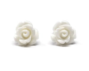 Single Bloom Rose Stud Earrings in White