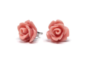 Single Bloom Rose Stud Earrings in Salmon Pink