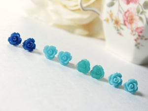 Single Bloom Rose Stud Earrings in Sky Blue