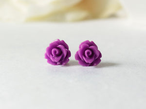 Single Bloom Rose Stud Earrings in Frosted Purple