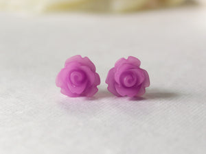 Single Bloom Rose Stud Earrings in Frosted Purple