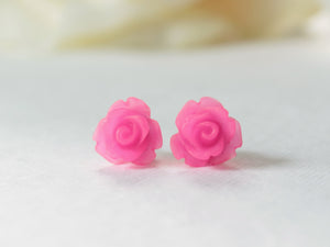 Single Bloom Rose Stud Earrings in Frosted Hot Pink