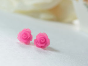 Single Bloom Rose Stud Earrings in Frosted Hot Pink