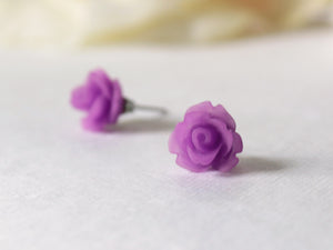 Single Bloom Rose Stud Earrings in Frosted Purple