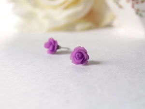 Single Bloom Rose Stud Earrings in Frosted Purple