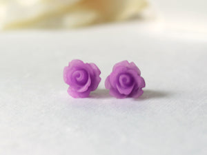 Single Bloom Rose Stud Earrings in Frosted Purple