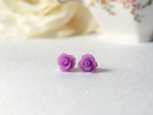 Single Bloom Rose Stud Earrings in Frosted Purple