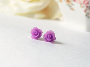 Single Bloom Rose Stud Earrings in Frosted Purple